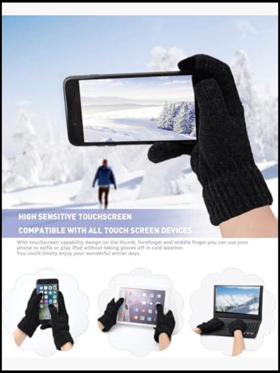 Winter Knit Hat Scarf Touch Screen Gloves Set Skull Cap Neck Scarf for Women